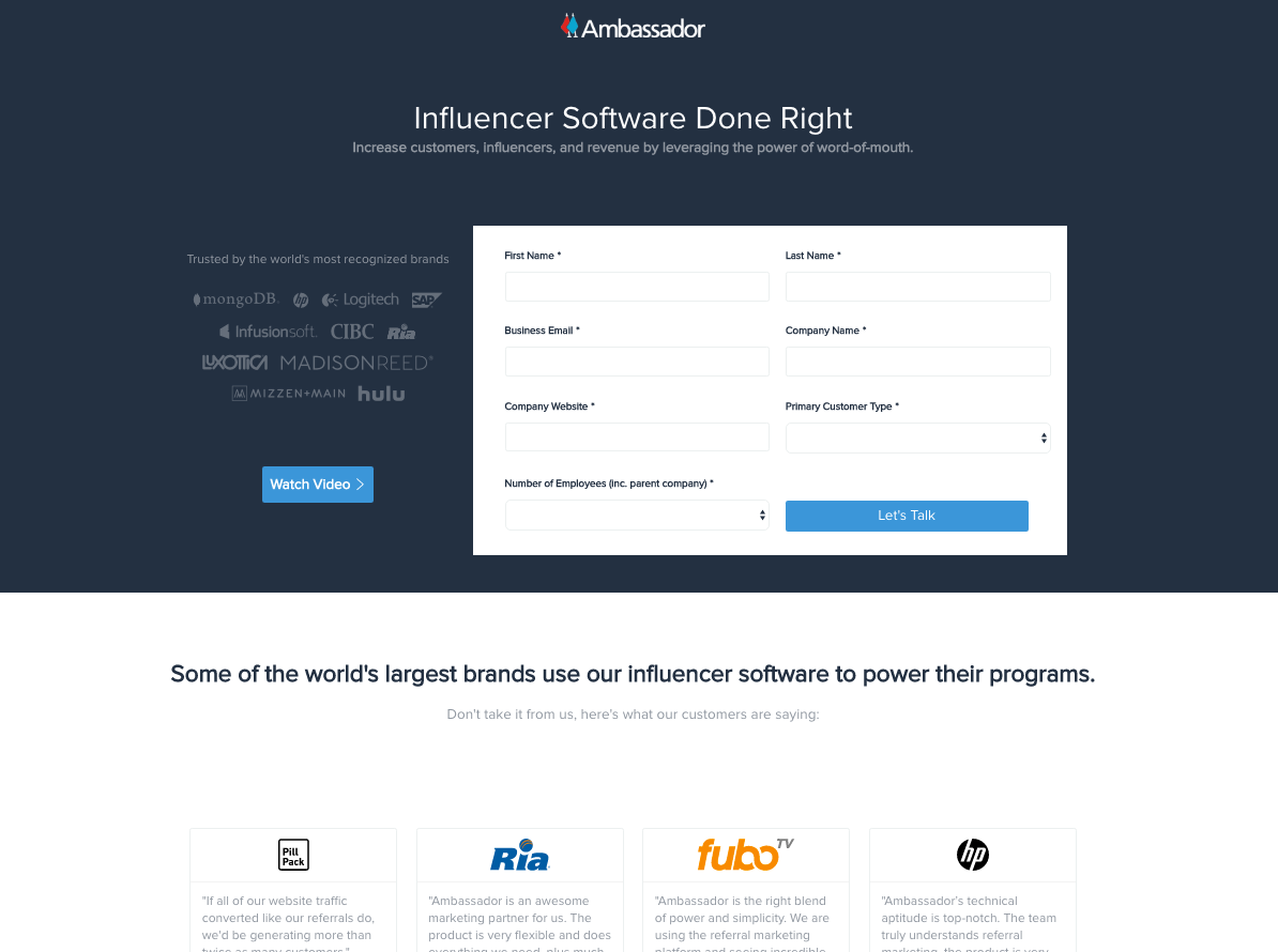 influencer marketing software landing page example